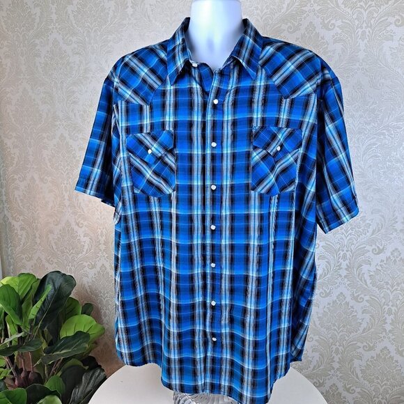 Plains Western Wear Size 2X Big Man Western Shirt Bright Blue Plaid Pearl Snaps - Picture 1 of 13
